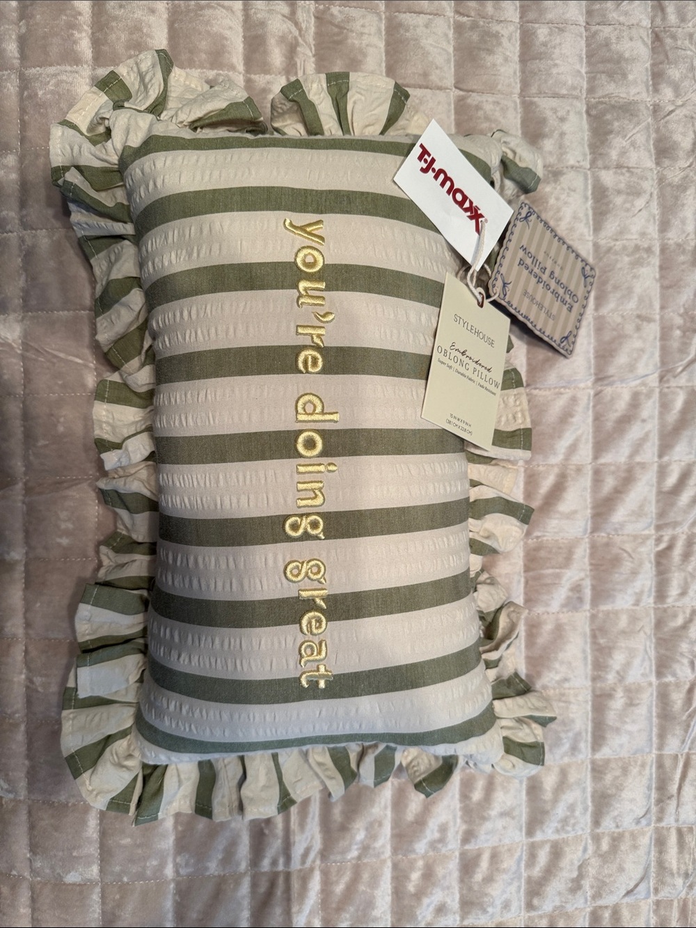Striped Ruffle Pillow with Gold Embroidery - Olive & Cream